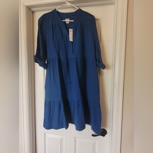 Chicos Blue Gauze Dress with Cuffed Sleeves